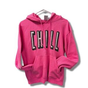 Jerzees Hoodie Girls Youth L Pink CHILL Graphic Pullover Kangaroo Pocket